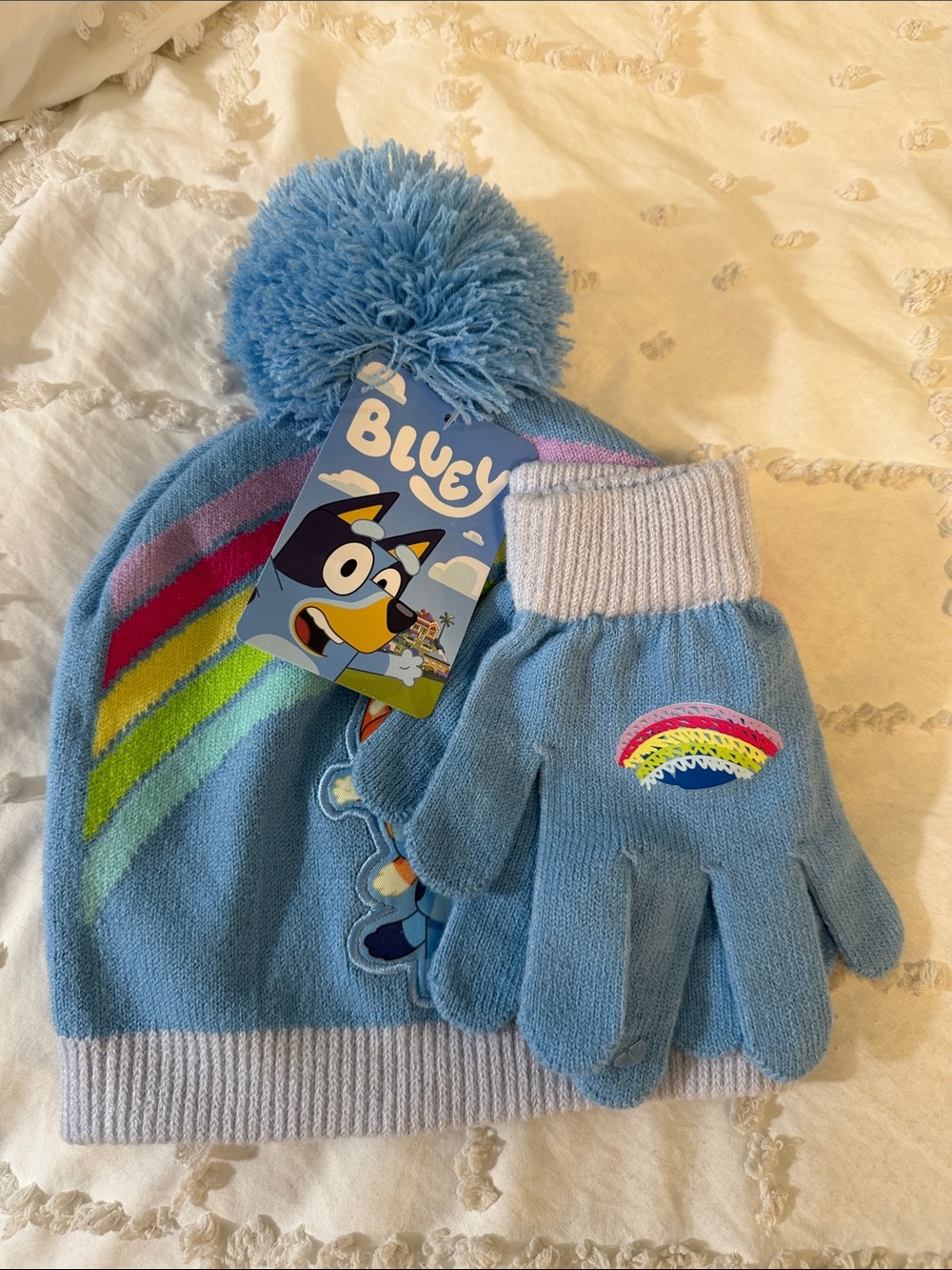 Bluey Kids Light Blue Pom Pom Beanie and Gloves Set nwt